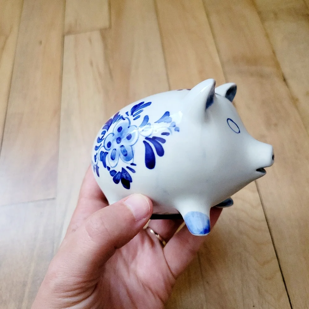Vintage Handmade Delft Pottery Small Floral & Nautical Ship Dutch Piggy Bank